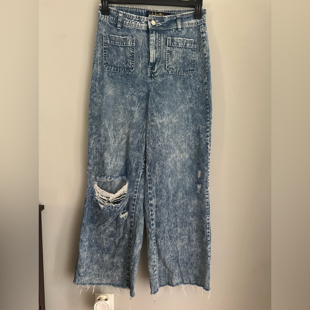 INDIGO REIN Women High-Rise Wide Leg Acid Wash Distressed Jeans Patch Pockets 7